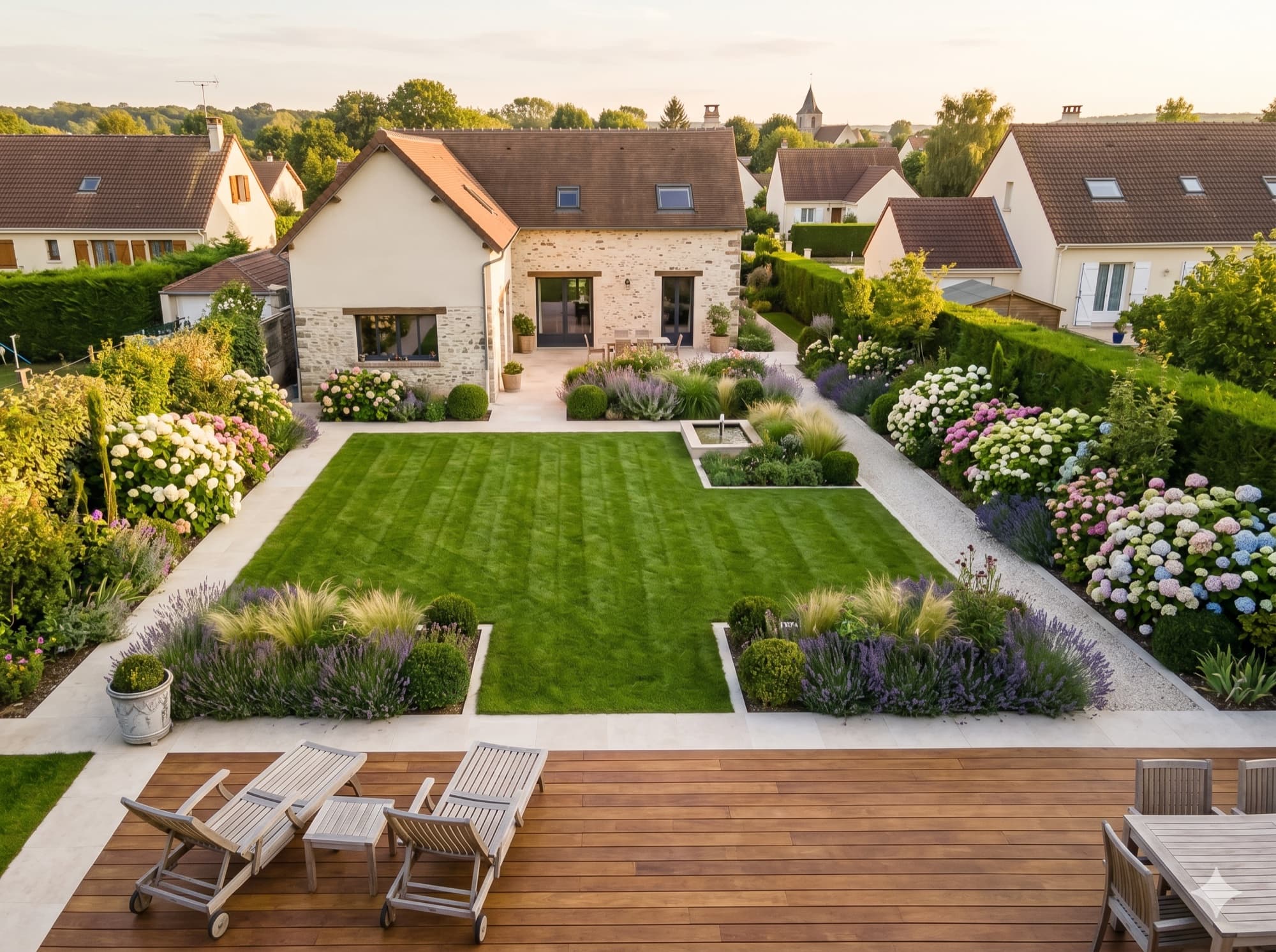 Jardin paysager avec massifs fleuris et pelouse soignée en Île-de-France