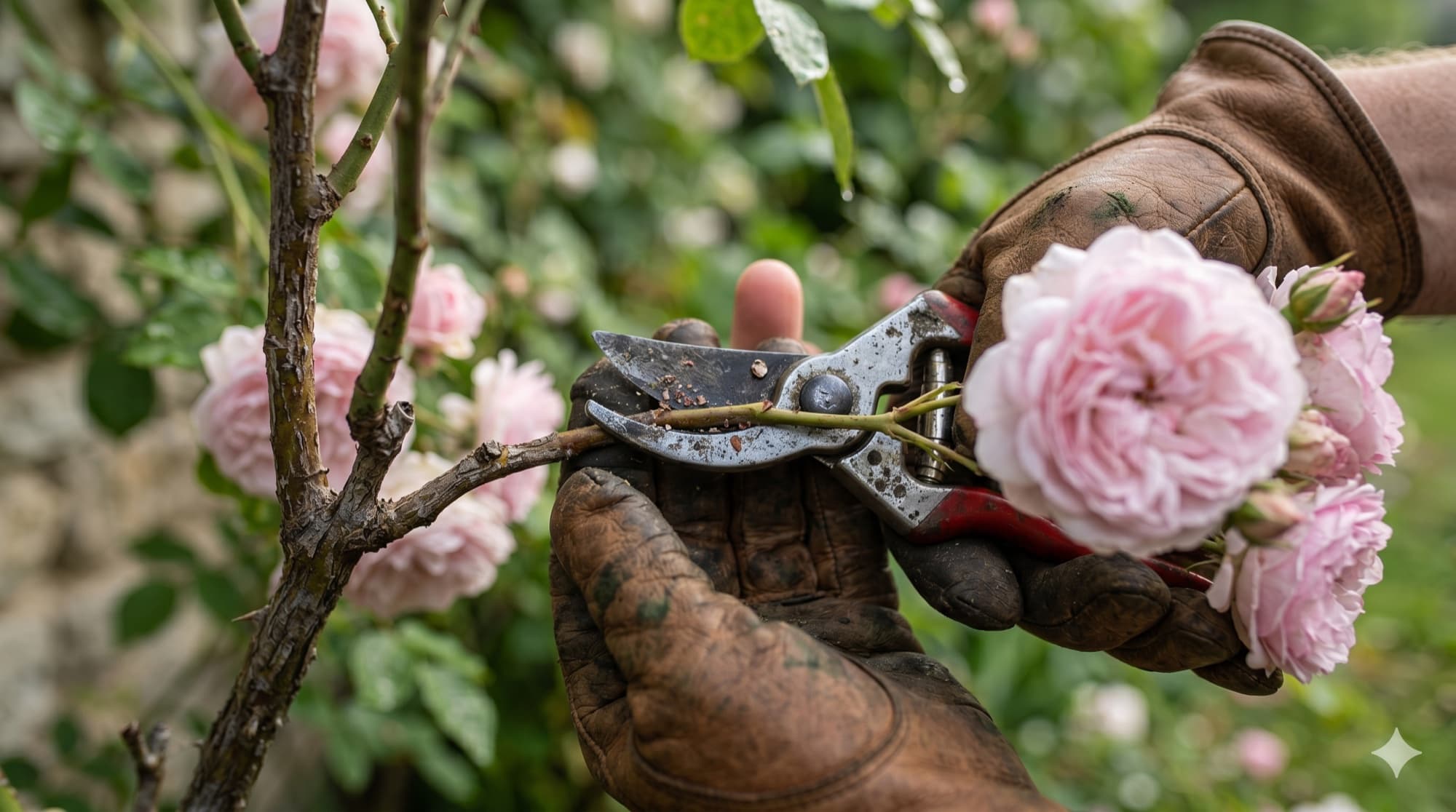 Entretien de jardin avec sécateur, taille de massif soignée