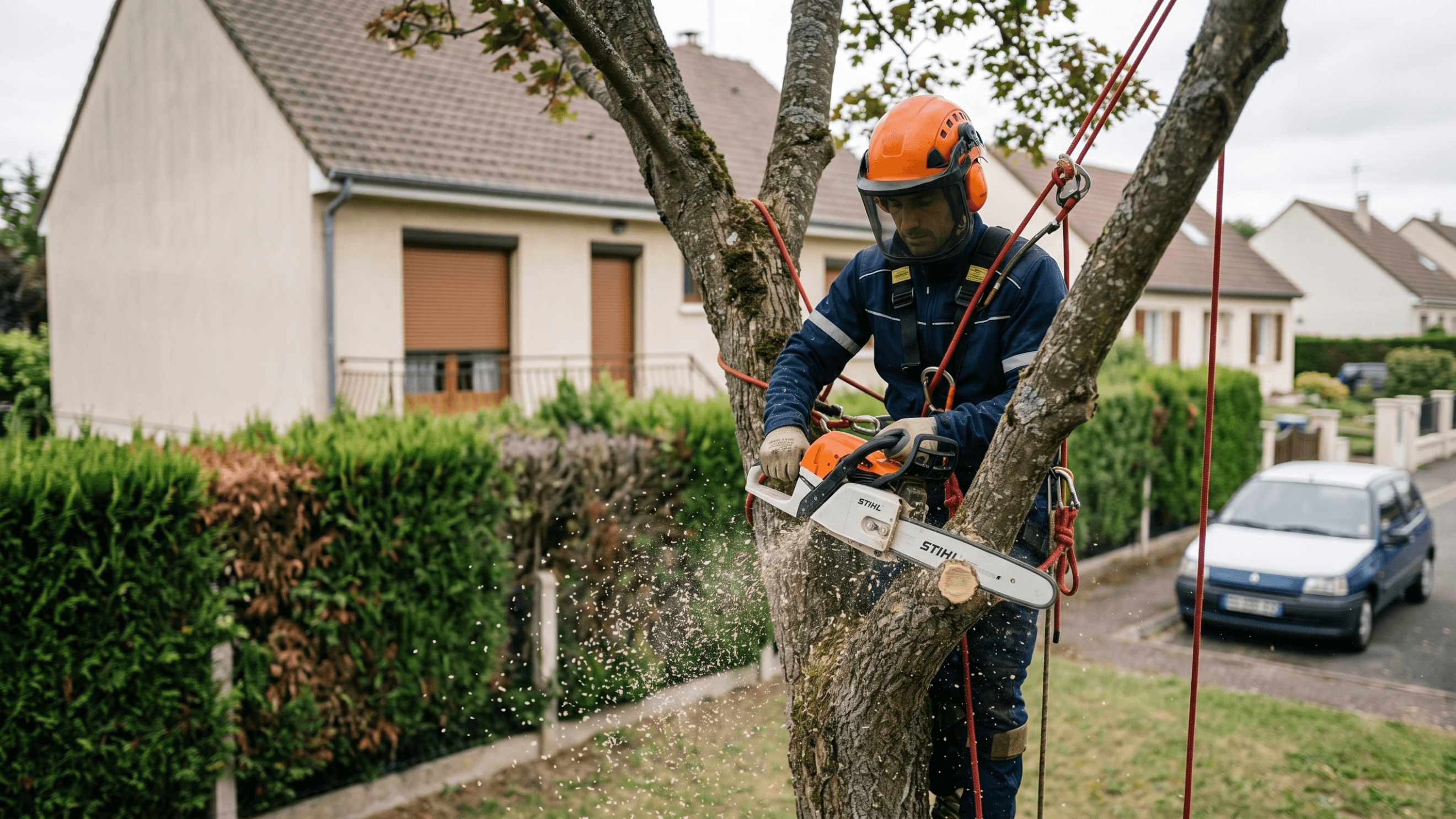 Élagueur professionnel en harnais sur un grand arbre, intervention en hauteur
