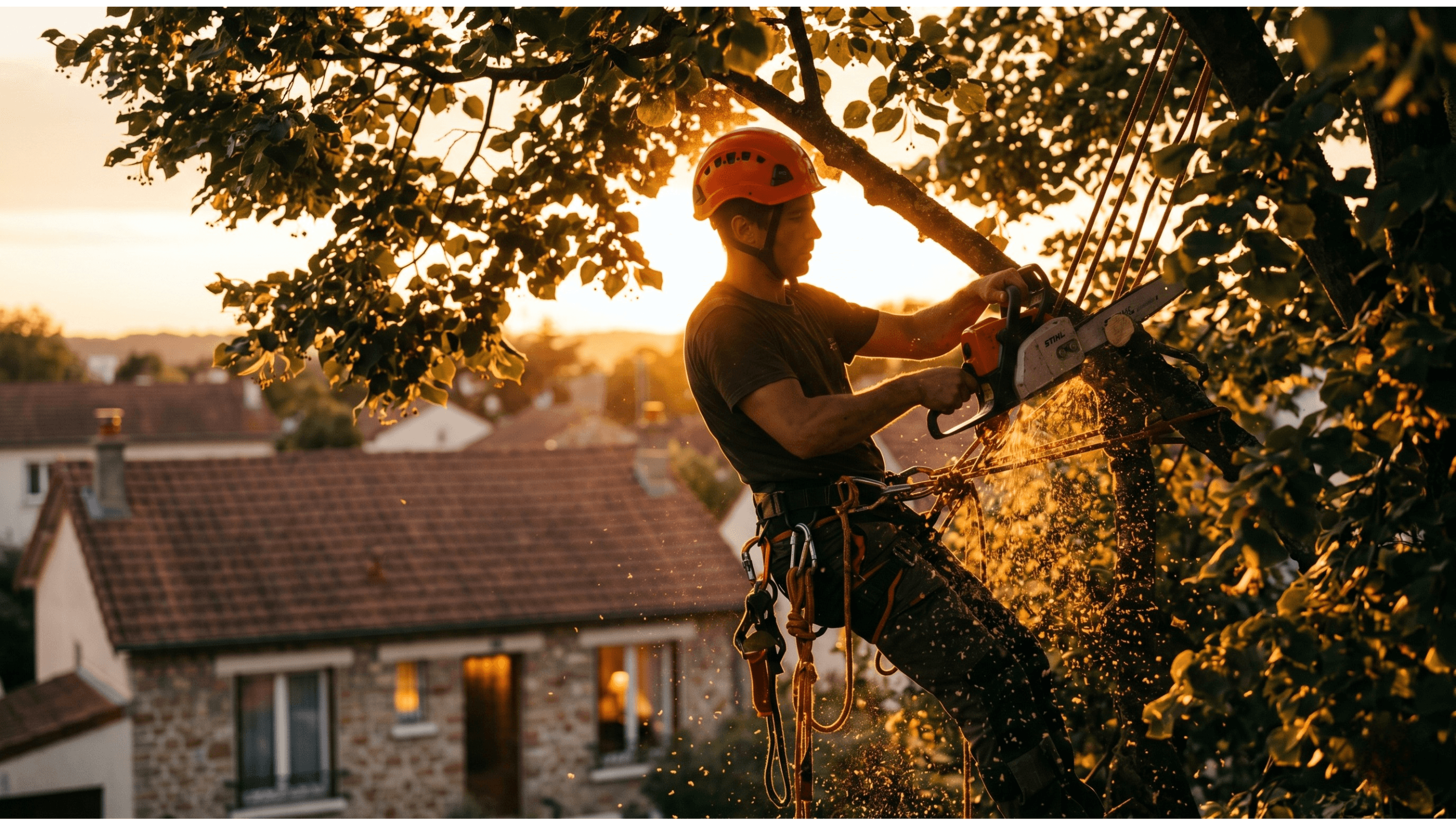 Élagueur en pleine taille de couronne d'un grand arbre
