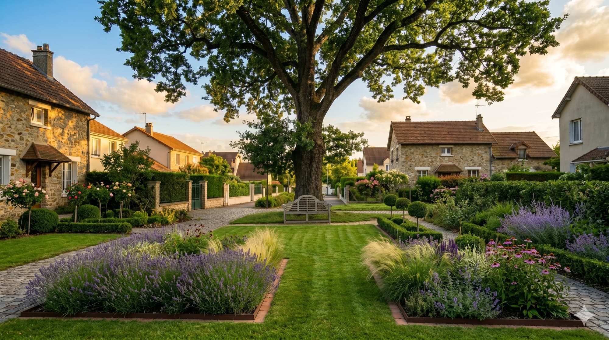 Jardin paysager avec massifs de lavande et buis