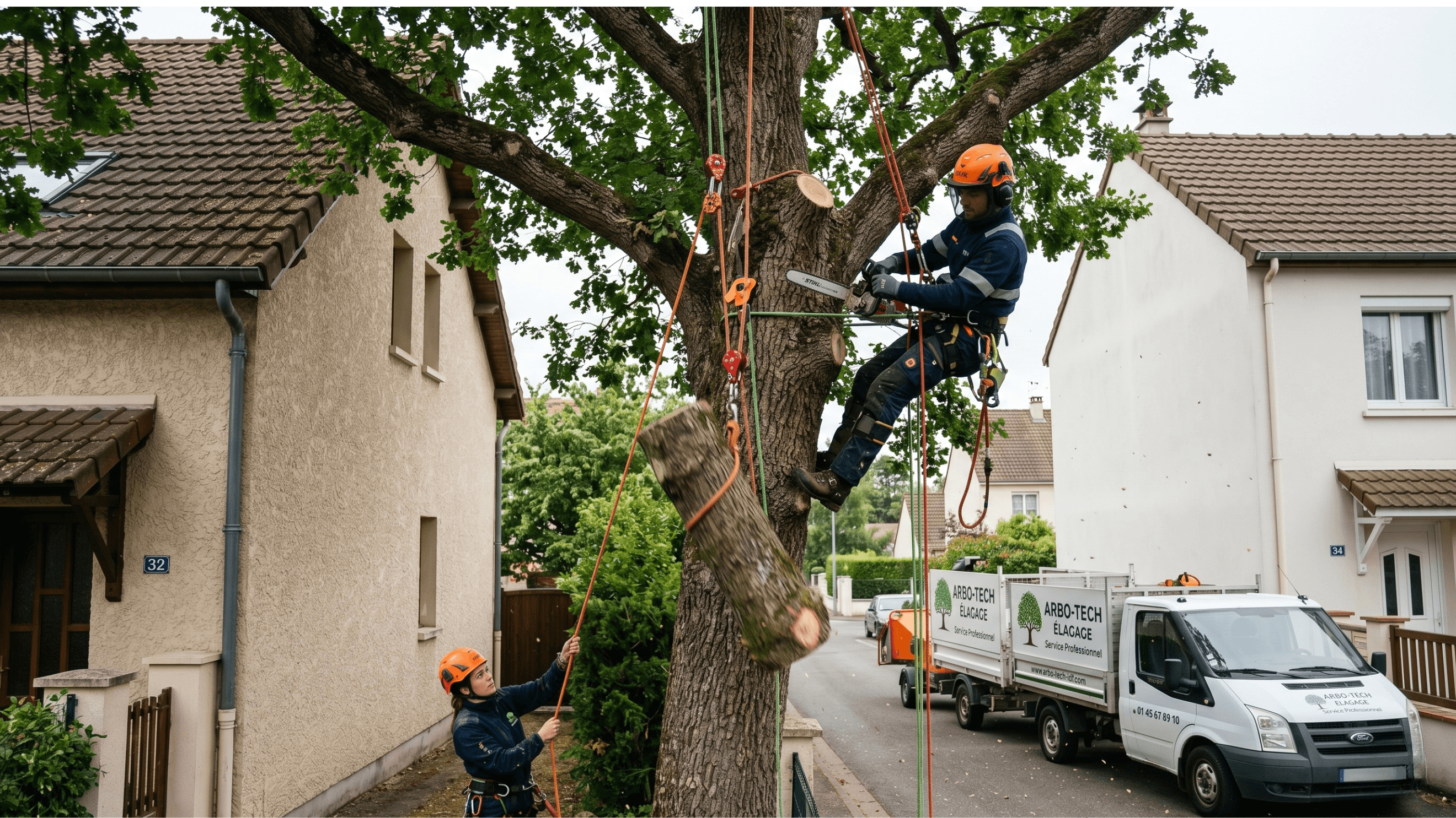 Élagueur sur grand chêne avec équipe au sol, banlieue résidentielle