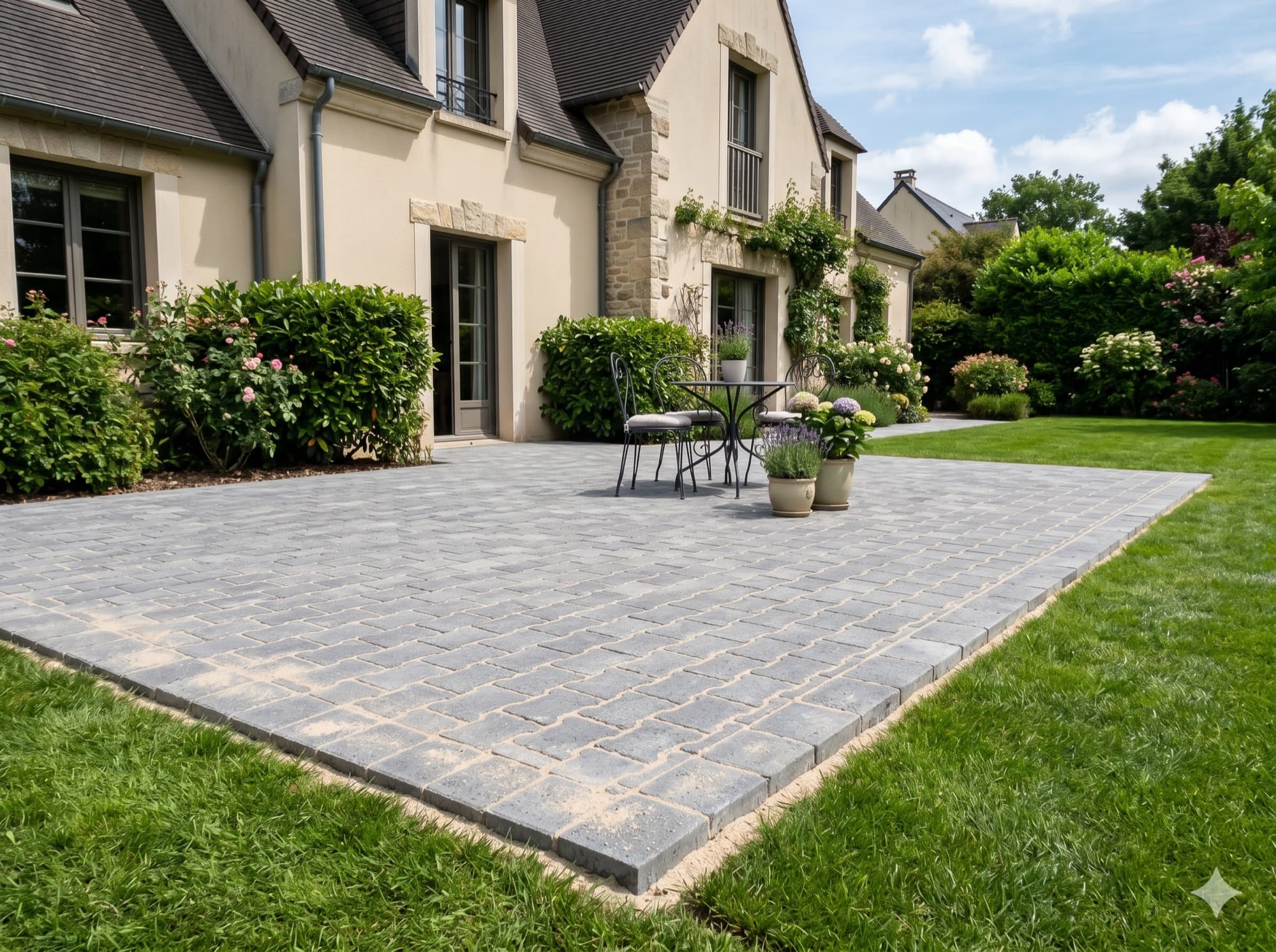 Terrasse en pavés autobloquants avec mobilier de jardin