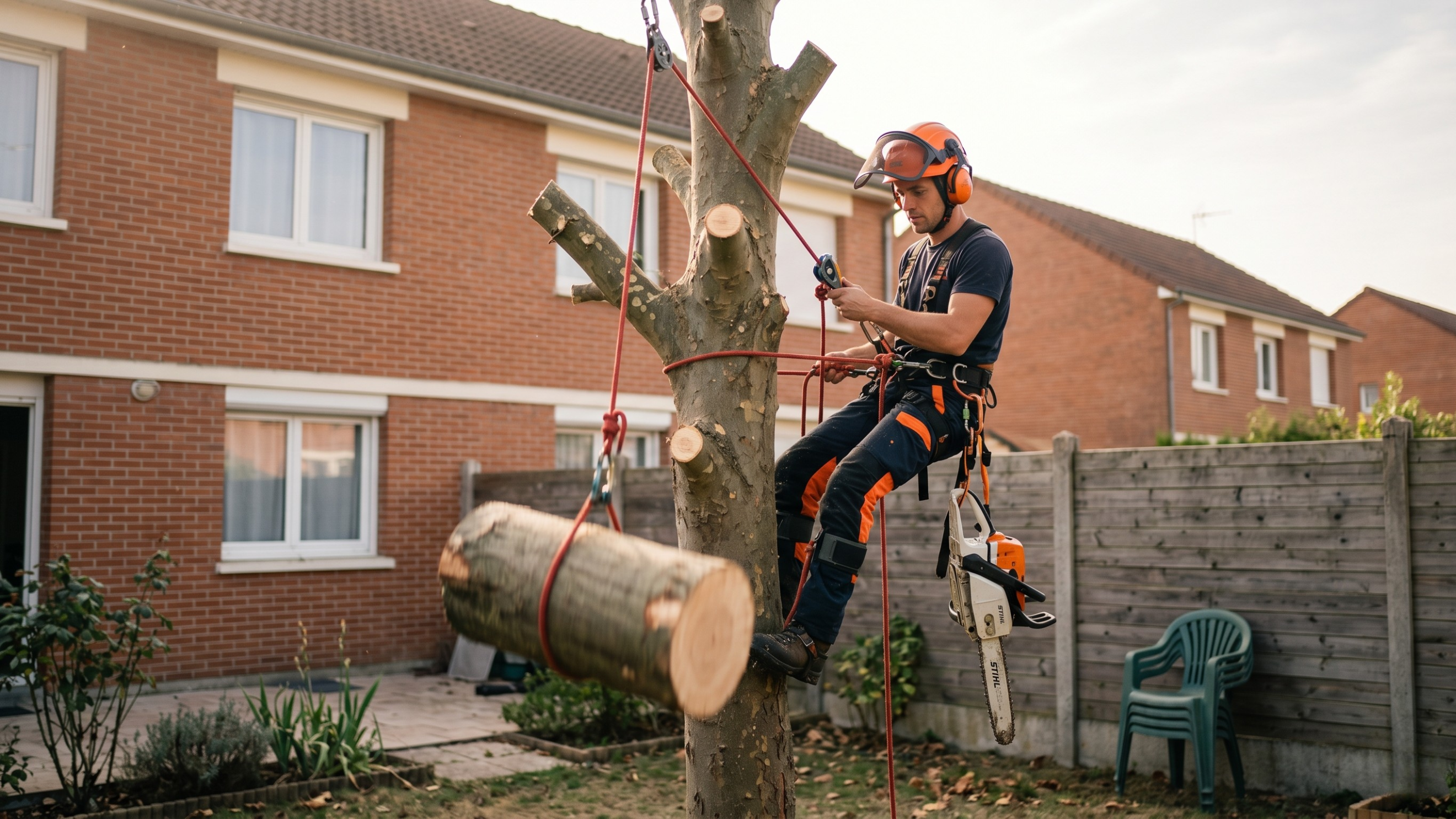 Abattage d'arbre en démontage avec cordes de rétention